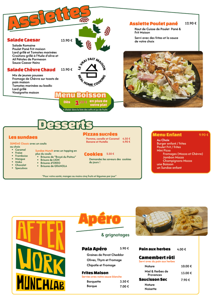 La carte des assiettes et des tapas -Munch - Fromage du restaurant Munch Lab (Pizza, Burger, Vin, Bière, Afterwork) près du Futuroscope à Chasseneuil-du-Poitou