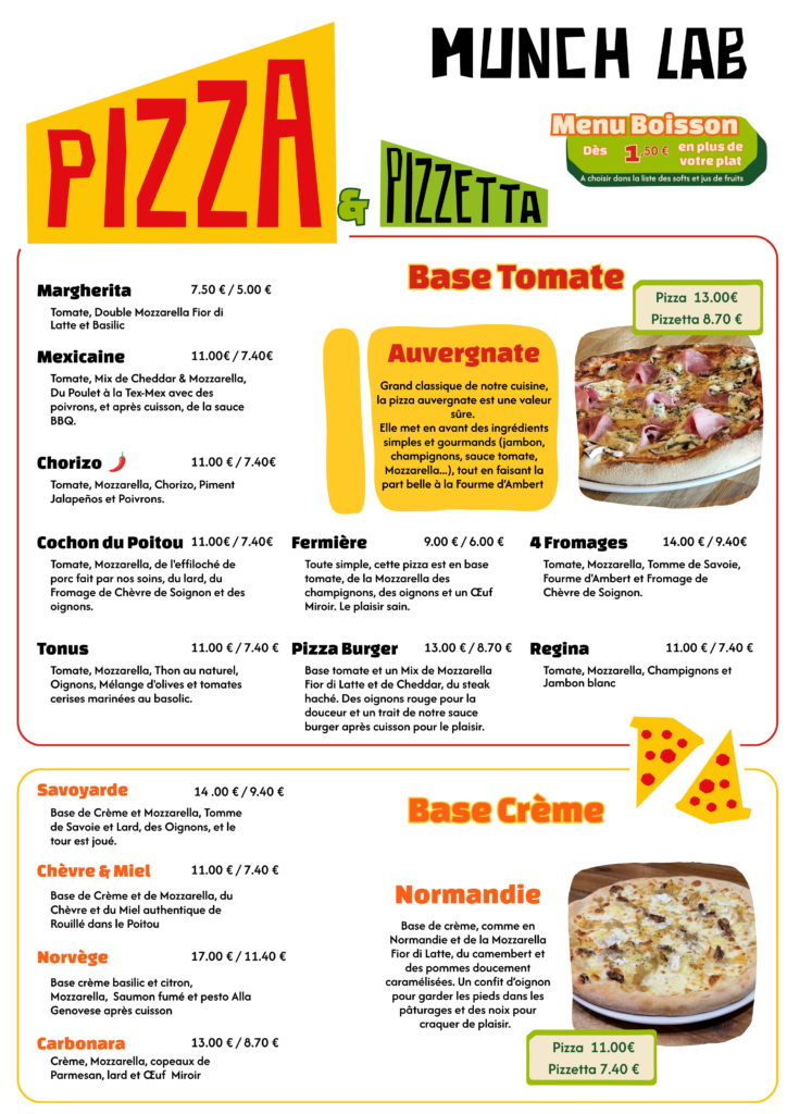 La carte des pizzas -Munch - Fromage du restaurant Munch Lab (Pizza, Burger, Vin, Bière, Afterwork) près du Futuroscope à Chasseneuil-du-Poitou